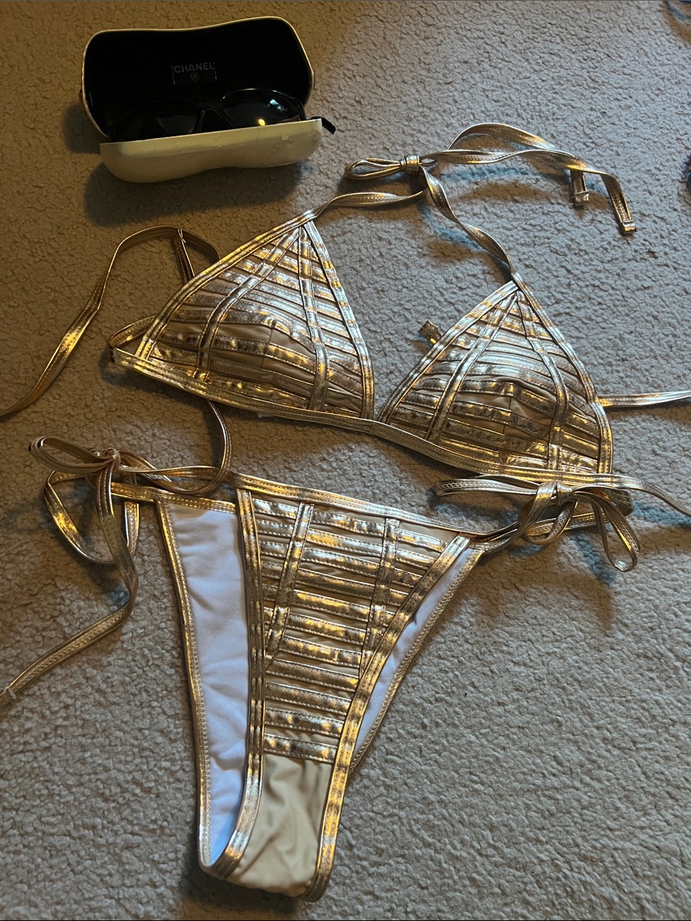 Beach Bunny Metallic Gold Striped Triangle Bikini